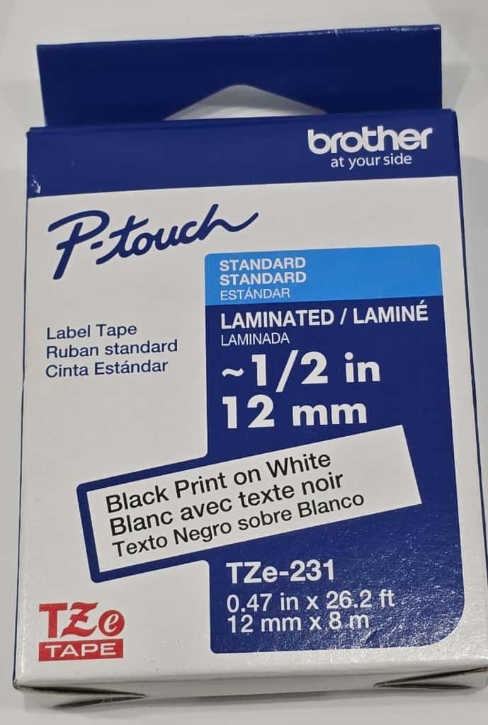 Brother Genuine TZe231~1/2 Black Print on White Label Tape. Each: 0.47 in x 26.2