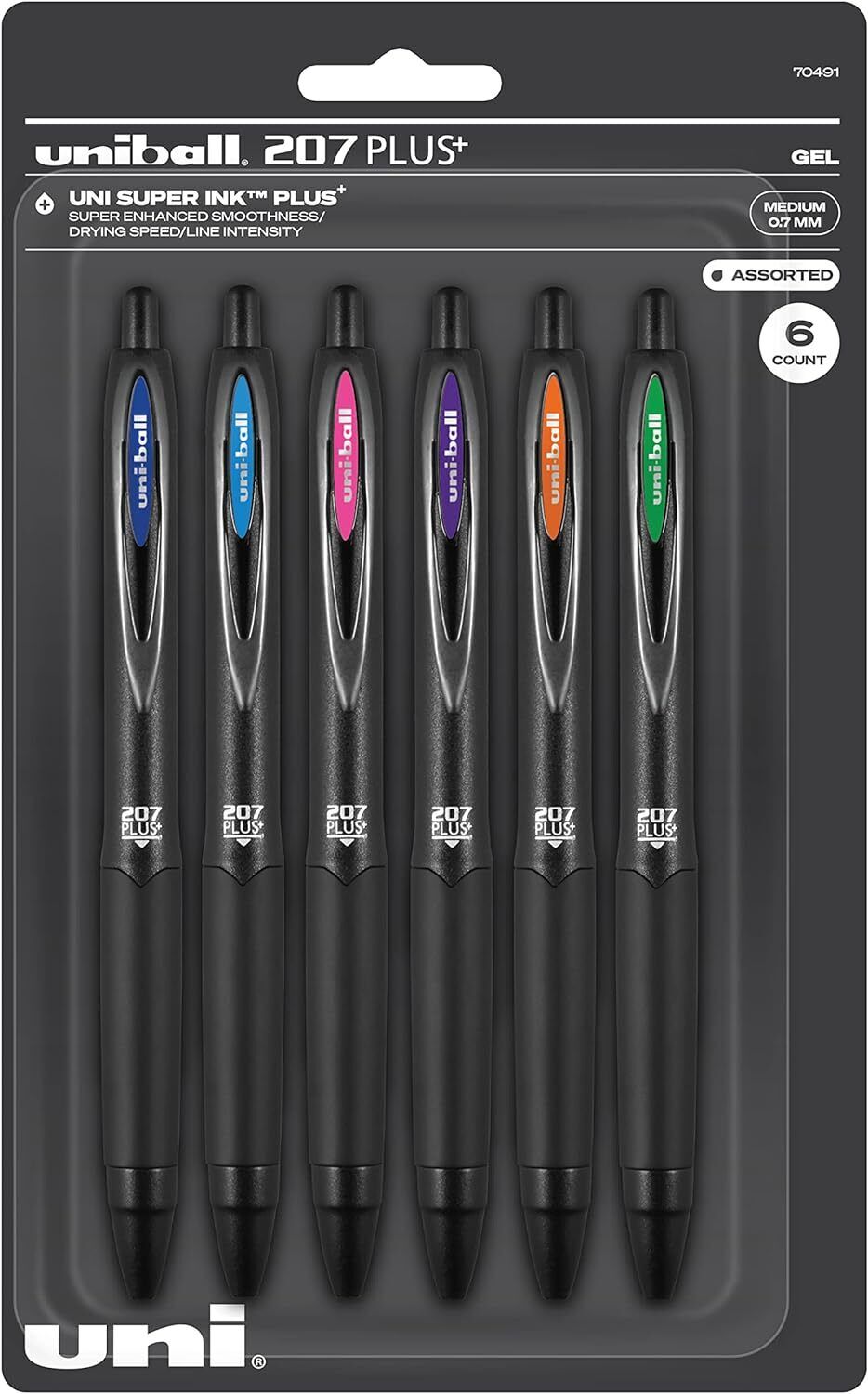 Uniball Signo 207+ Gel Pen 6 Pack, 0.7mm Medium Assorted Pens, Gel Ink Pens
