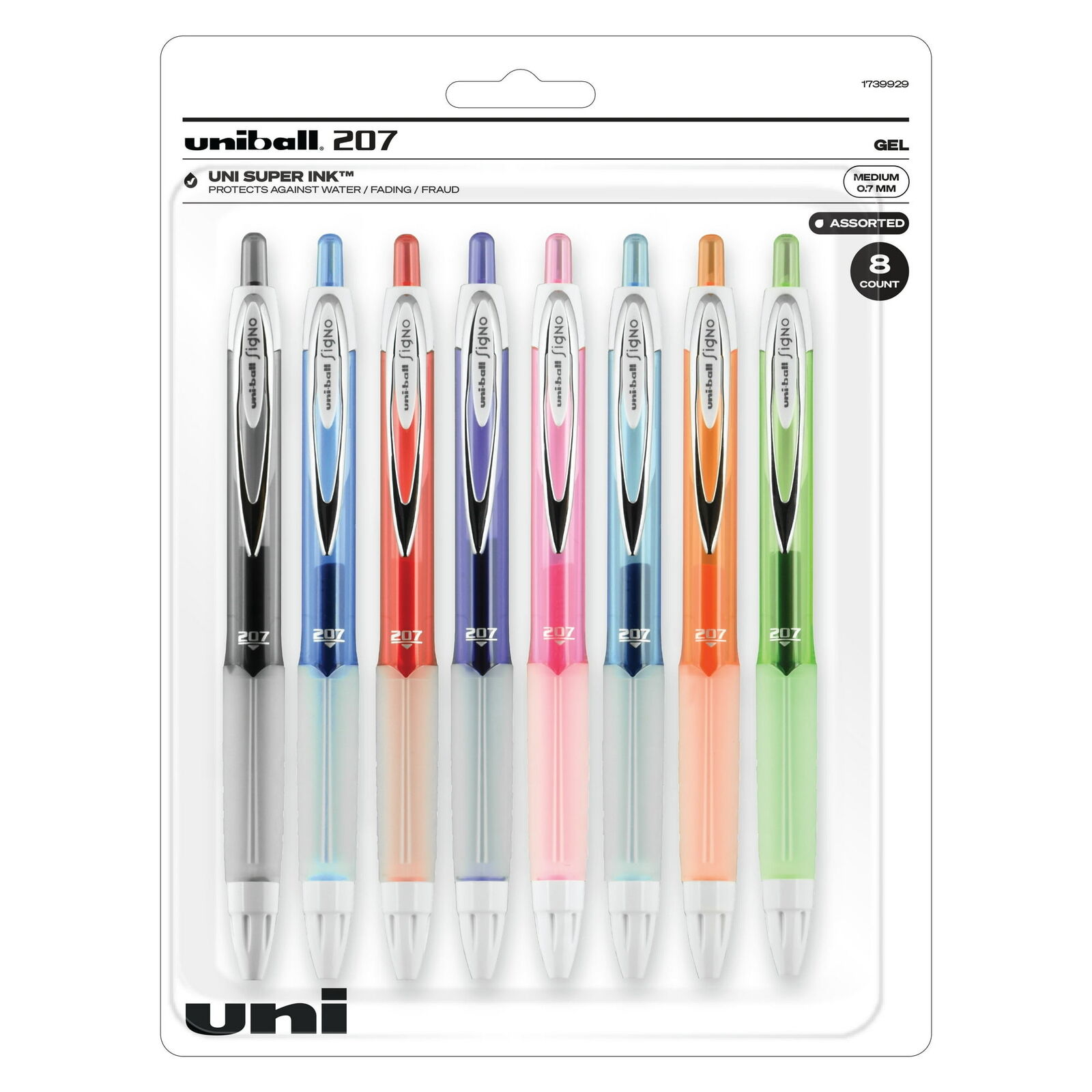 Uniball 207 Fashion Retractable Gel Pens, Medium Point (0.7mm), Assorted Ink, 8