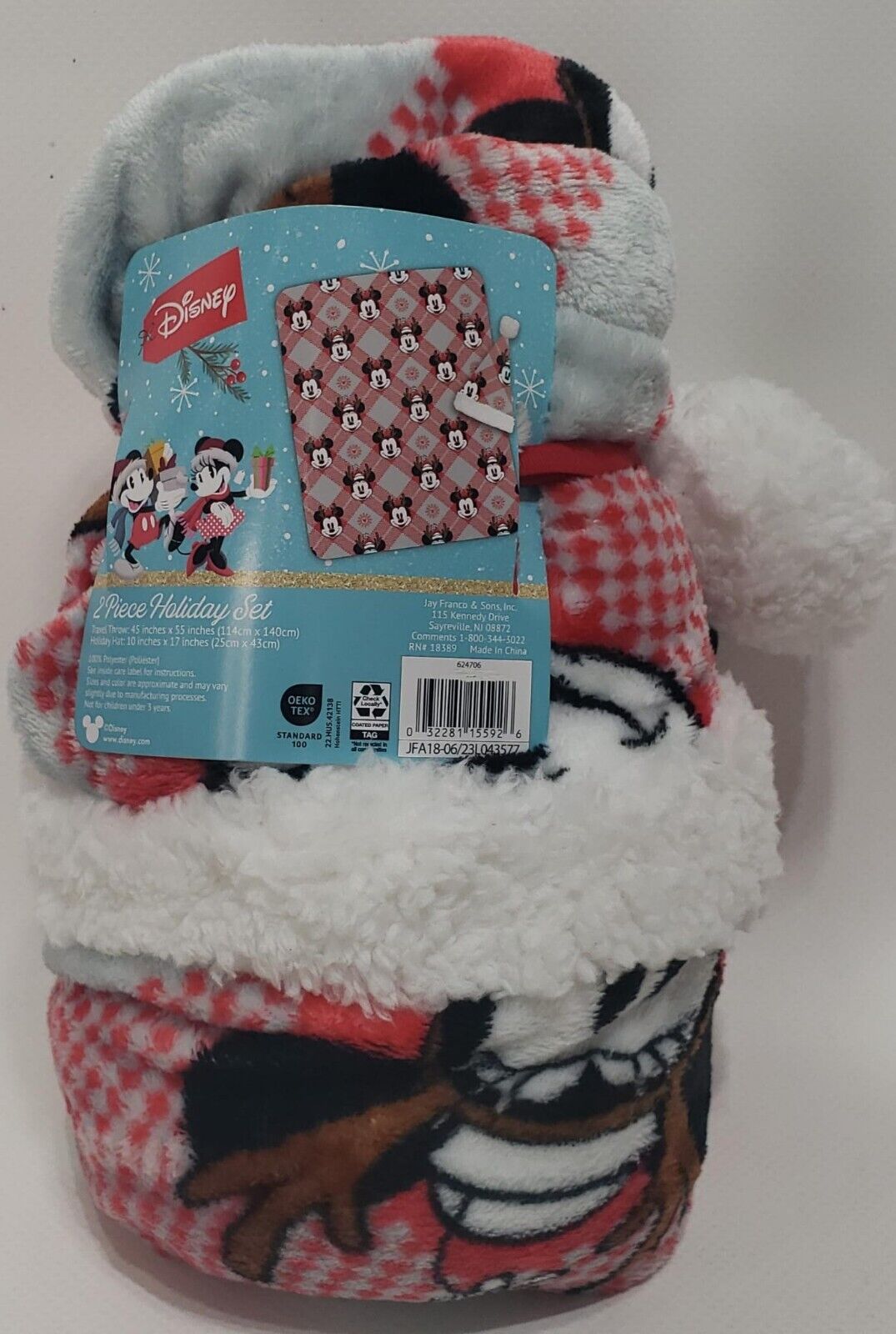 Disney Mickey & Minnie Mouse 2 Piece Christmas Hat & Travel Throw Blanket Set