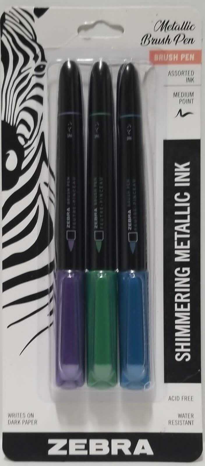 Zebra Metallic brush Pen Assorted Ink Shimmering Metallic Ink 3 PK (LOC PEG 3LP)