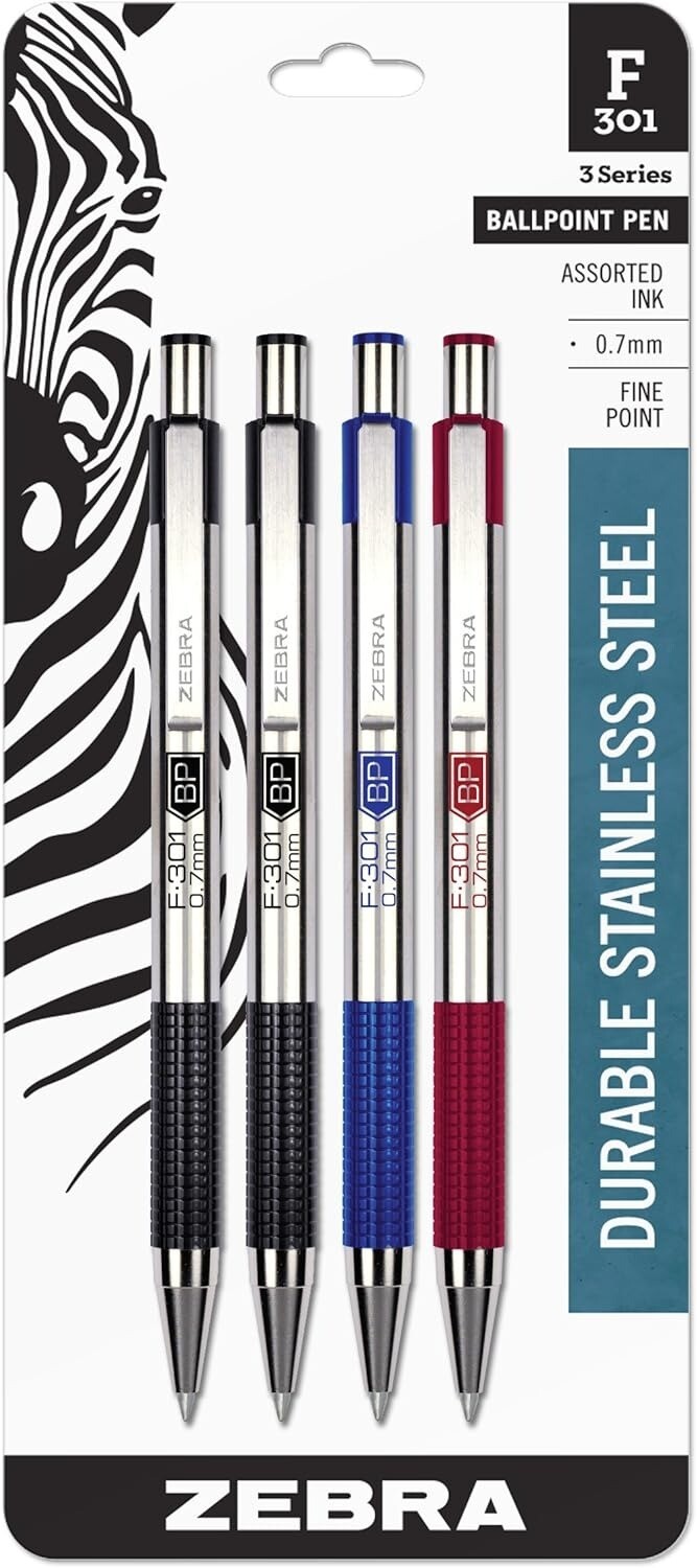 Zebra Pen F-301 Retractable Stainless Steel Ballpoint Pen, Fine Point 0.7 4-pack