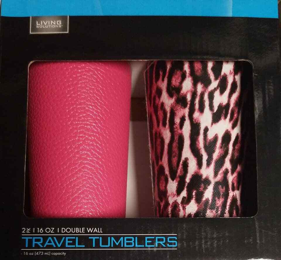 Living Solutions 2pk 16 oz Double Wall Black/Leopard