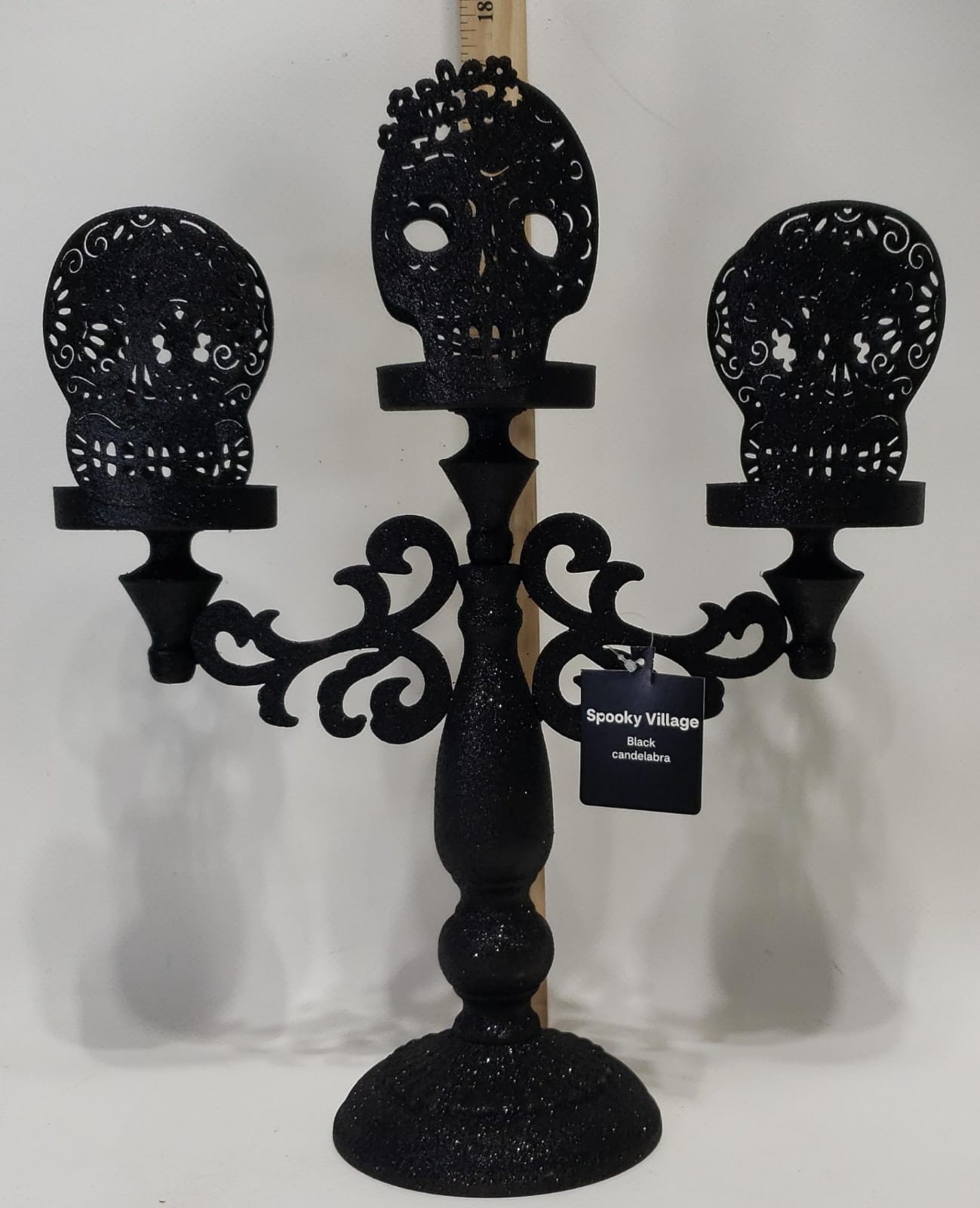Spooky Village Black Skull Candelabra Halloween Day Of The Dead Candle Holder