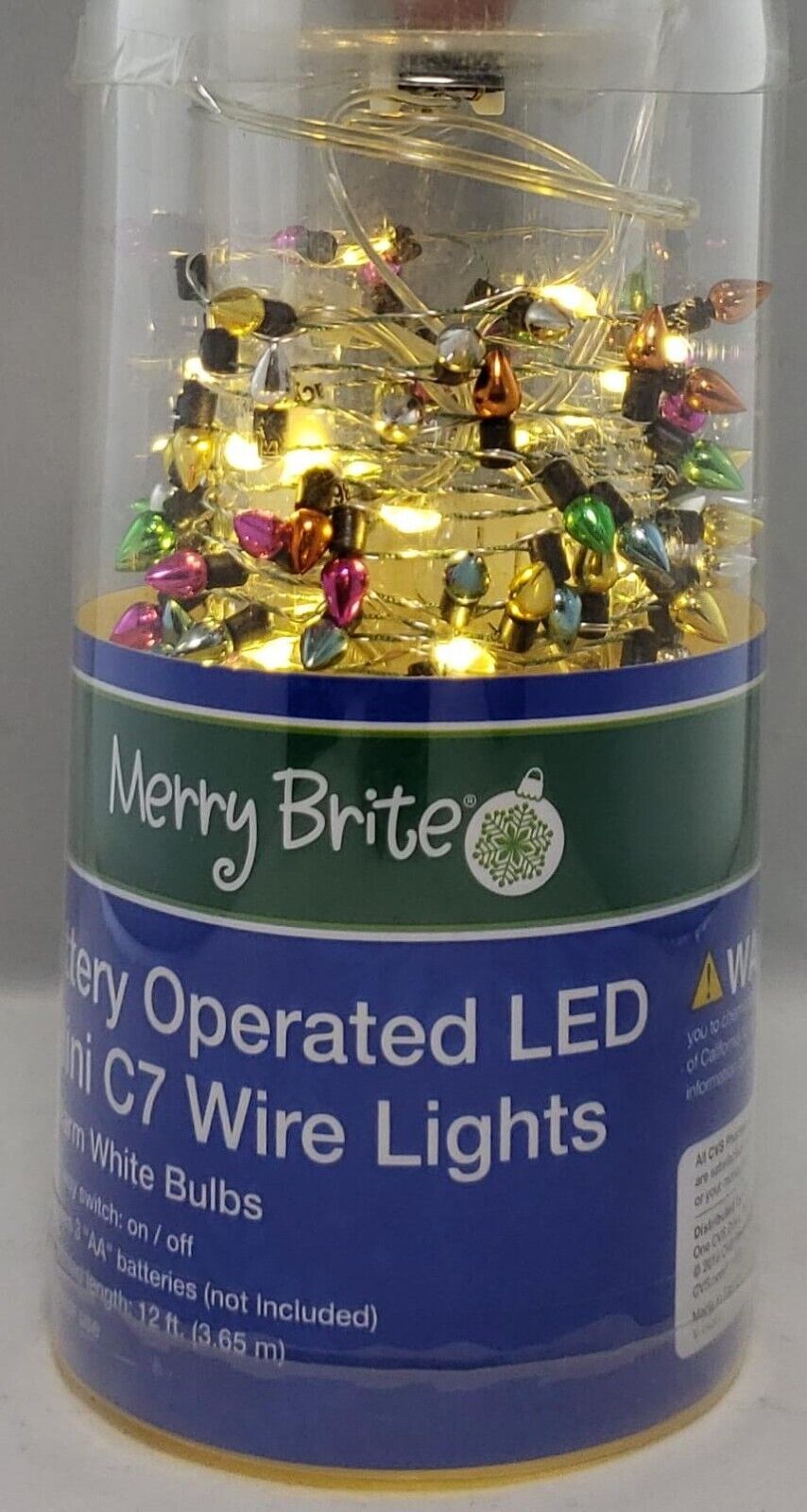 Merry Brite Battery Operated Mini C7 Wire Lights, Warm White Bulbs, 12 ft