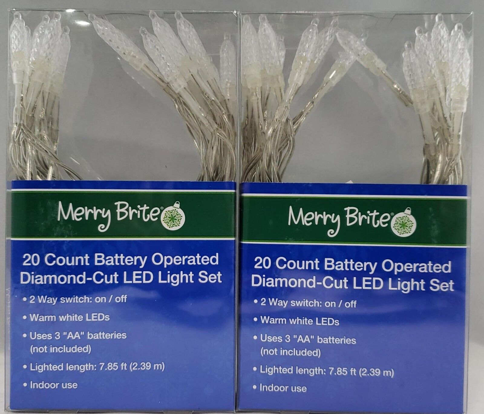 Merry Brite 20 Count Battery Operated Diamond-Cut LED Light Set, 7.85 ft, 2 Pack