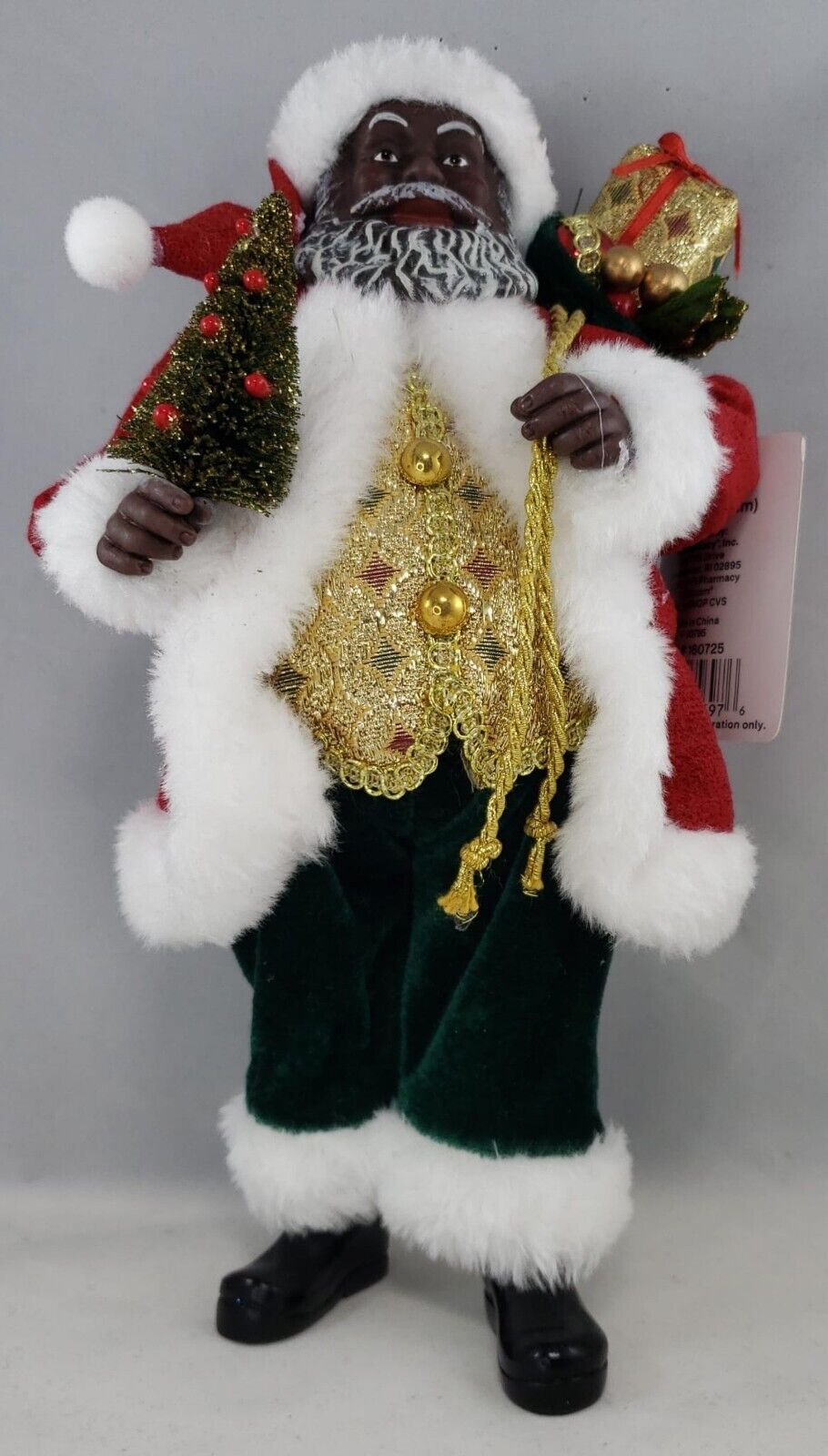 Merry Brite African American Santa Figurine With Christmas tree & A Filled Sack