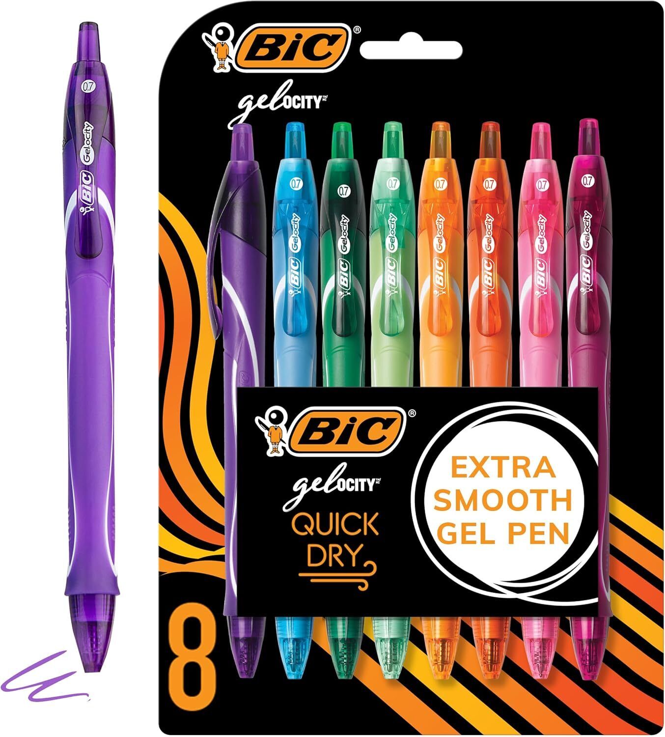 BIC Gelocity Quick Dry Assorted Colors Gel Pens, Medium Point (0.7mm), 8-Count