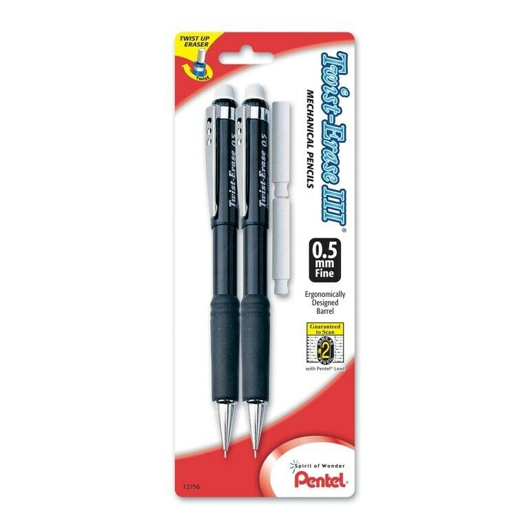 Pentel Twist-Erase III Mechanical Pencil (0.5mm) Eraser Refills 2-Pk Asst Colors