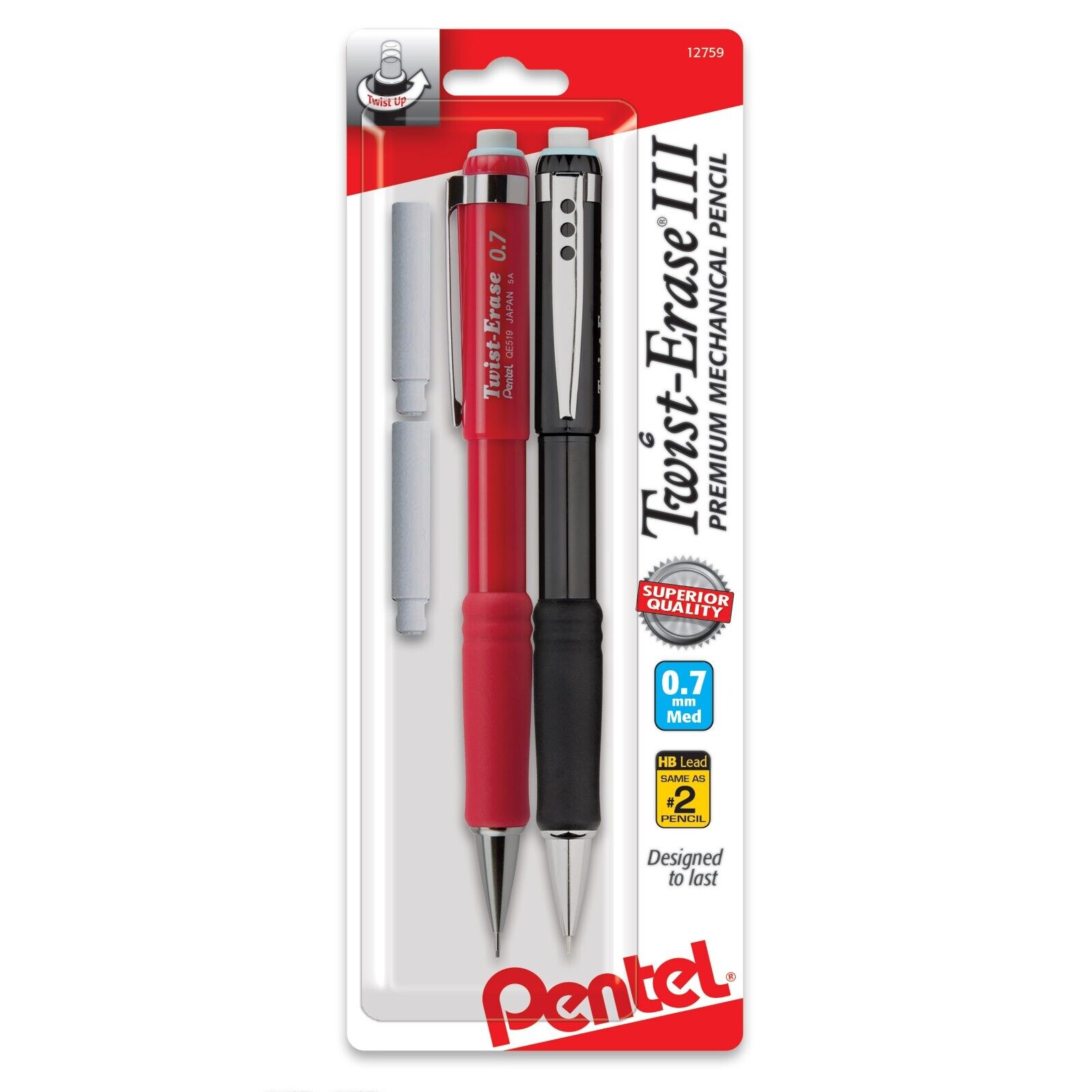 Pentel Twist-Erase III Pencil 0.7 mm Assorted Colors 2-Pack 2 Eraser Refills