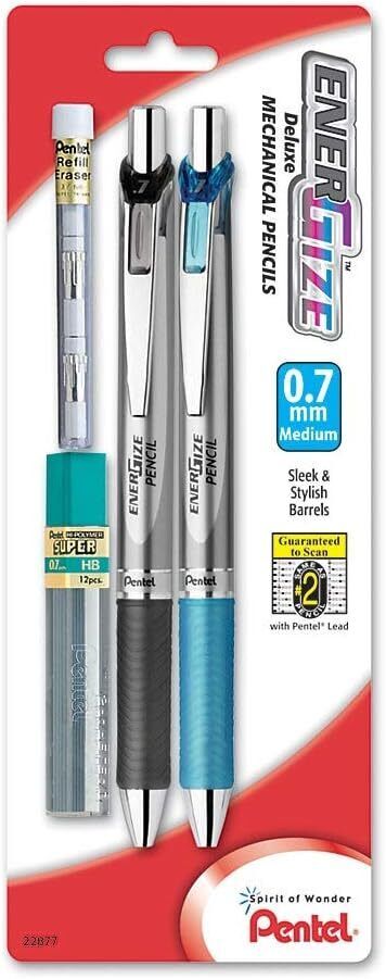 Pentel EnerGize Automatic Pencil with Lead and Erasers, 0.7mm, Assorted, 2 Pack