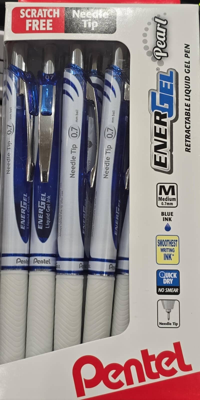 Pentel EnerGel RTX Pearl Pens Needle Point, 0.7mm, Pearl Barrel, Blue Ink, 12 PK