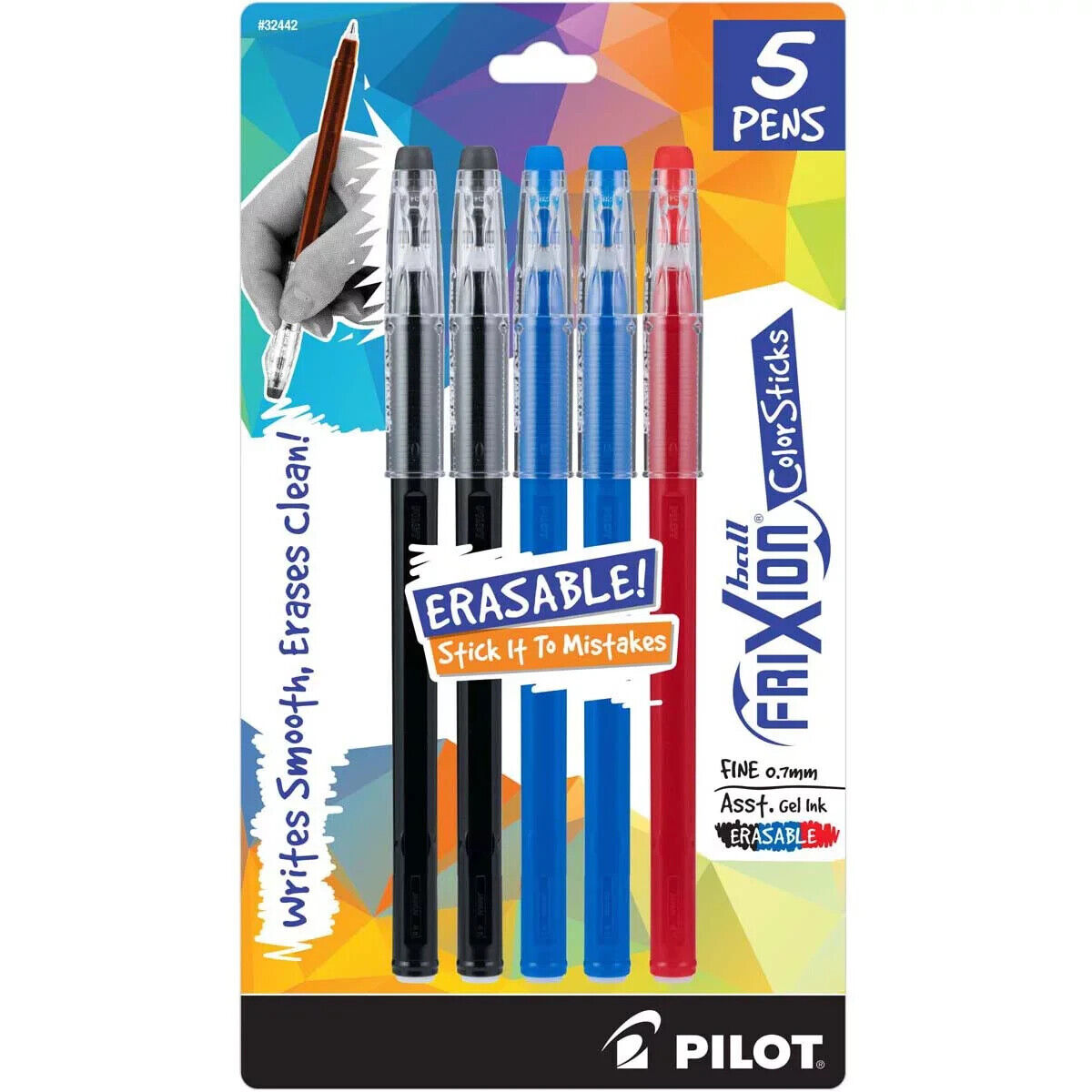 Pilot FriXion ColorSticks Erasable Gel Ink Pens, Fine Point (0.7 mm), 5 Count