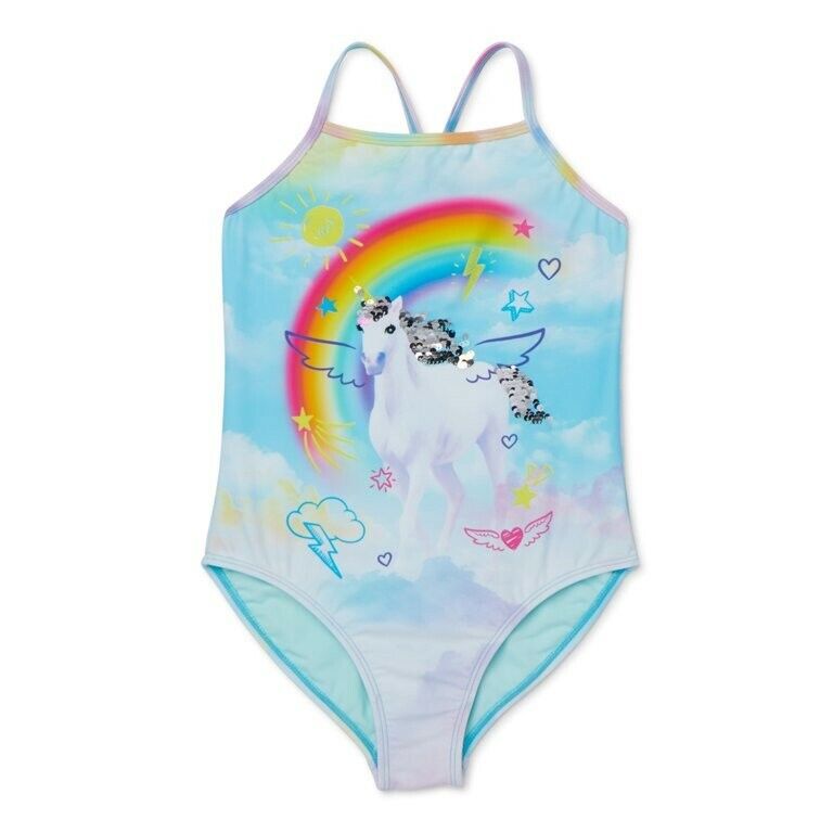 Wonder Nation Girls Rainbow Unicorn One-Piece Swimsuit L/G(10-12)PLUS