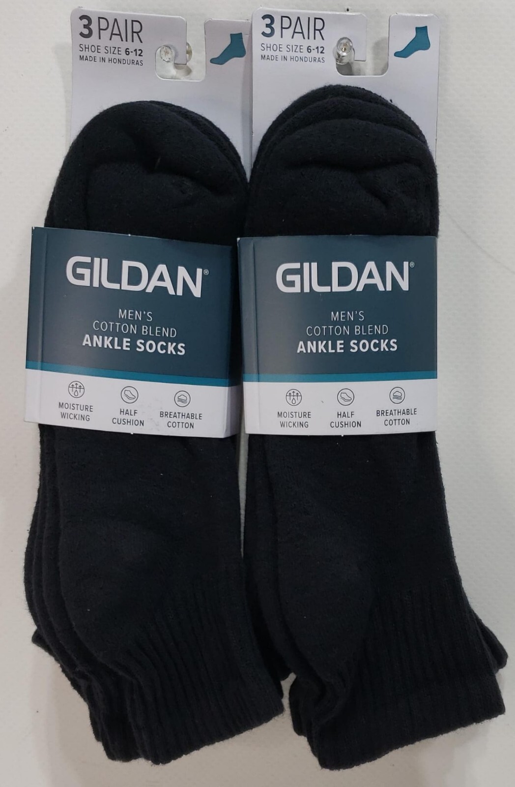 Lot Of 2 Gildan Men's Ankle Socks, Black Fits Shoe Size 6-10