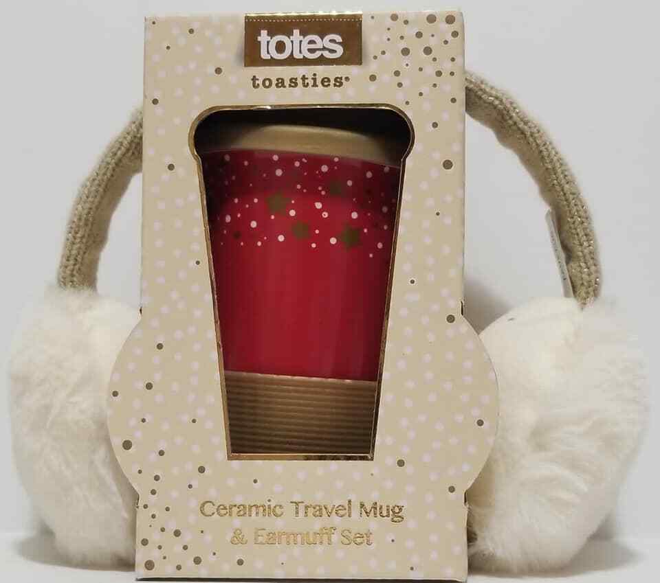 Totes Toasties Ceramic Travel Mug & Earmuff Set Red Color