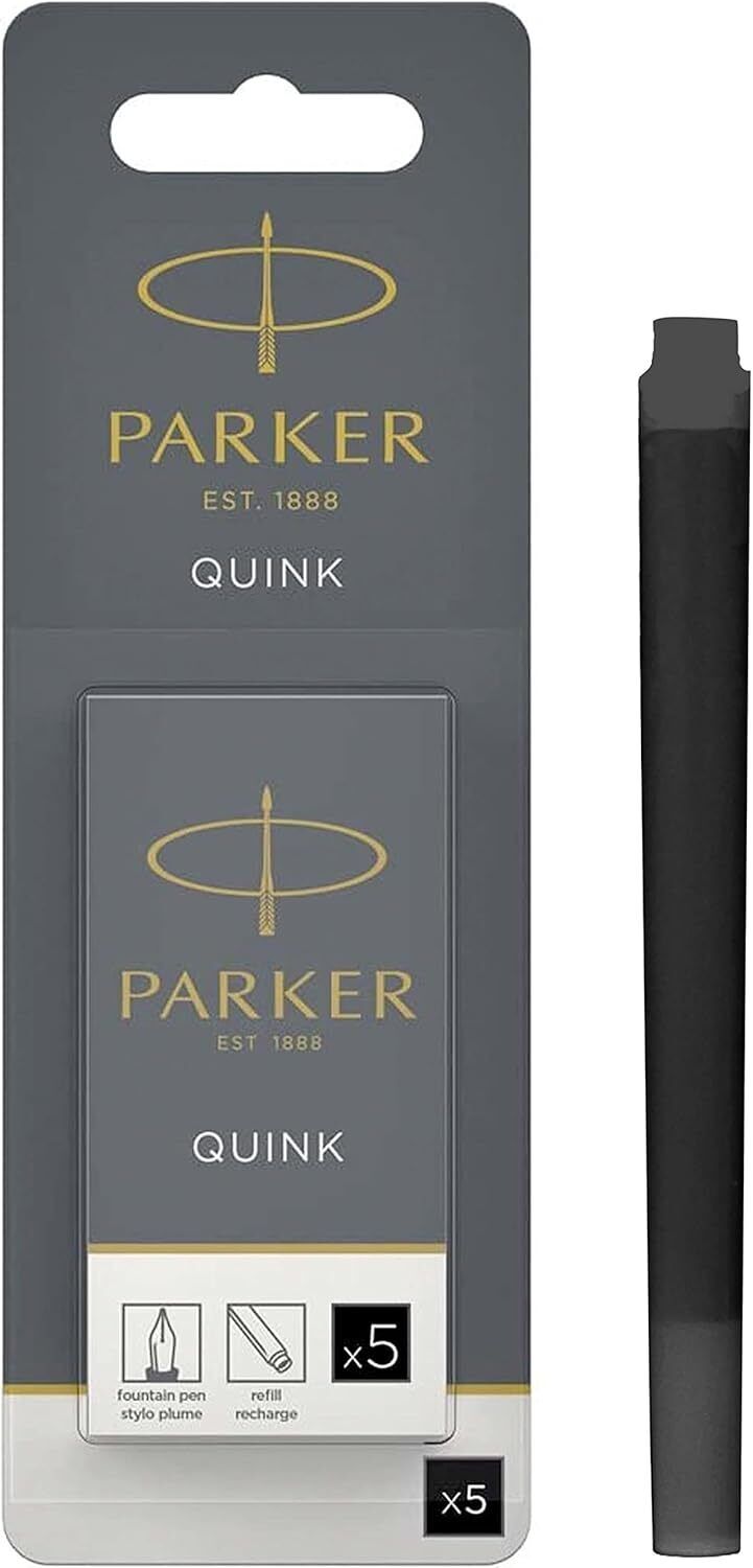 Parker QUINK Long Fountain Pen Ink Refill Cartridges, Black, 5 Count