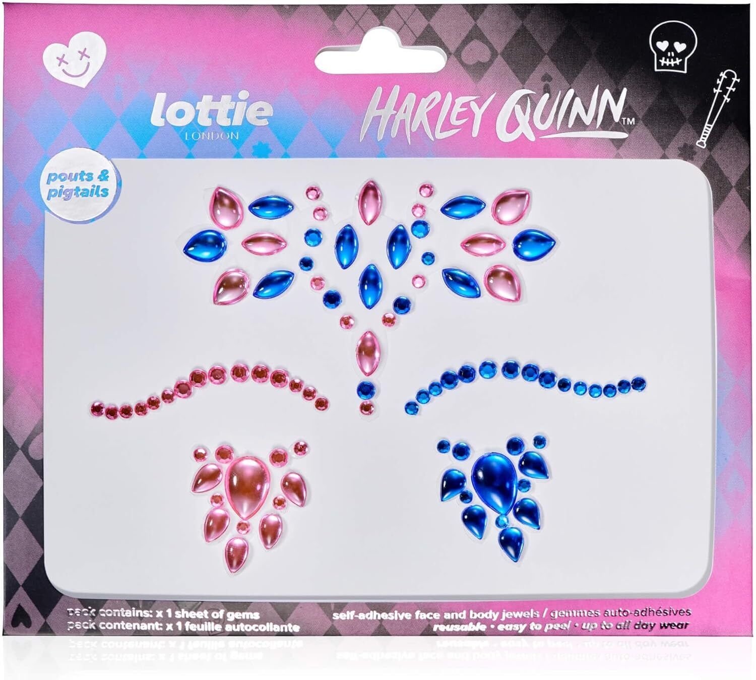 x Harley Quinn Face & Body Gems in Pouts & Pigtails, Easy-to-use self-Adhesive