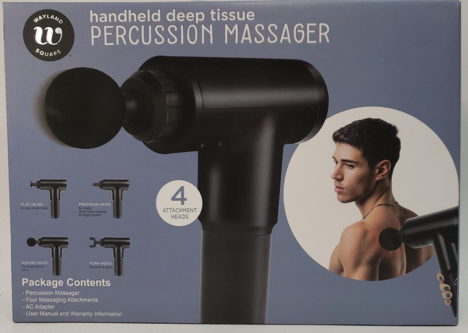 Wayland Square Handheld Deep Tissue Percussion Massager + 4 Attachments Black.