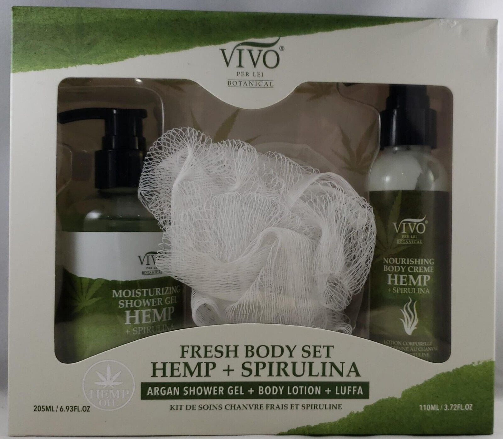 Vivo Per Lei Hemp + Spirulina Fresh Body Set(Shower Gel, Body Lotion & Luffa)
