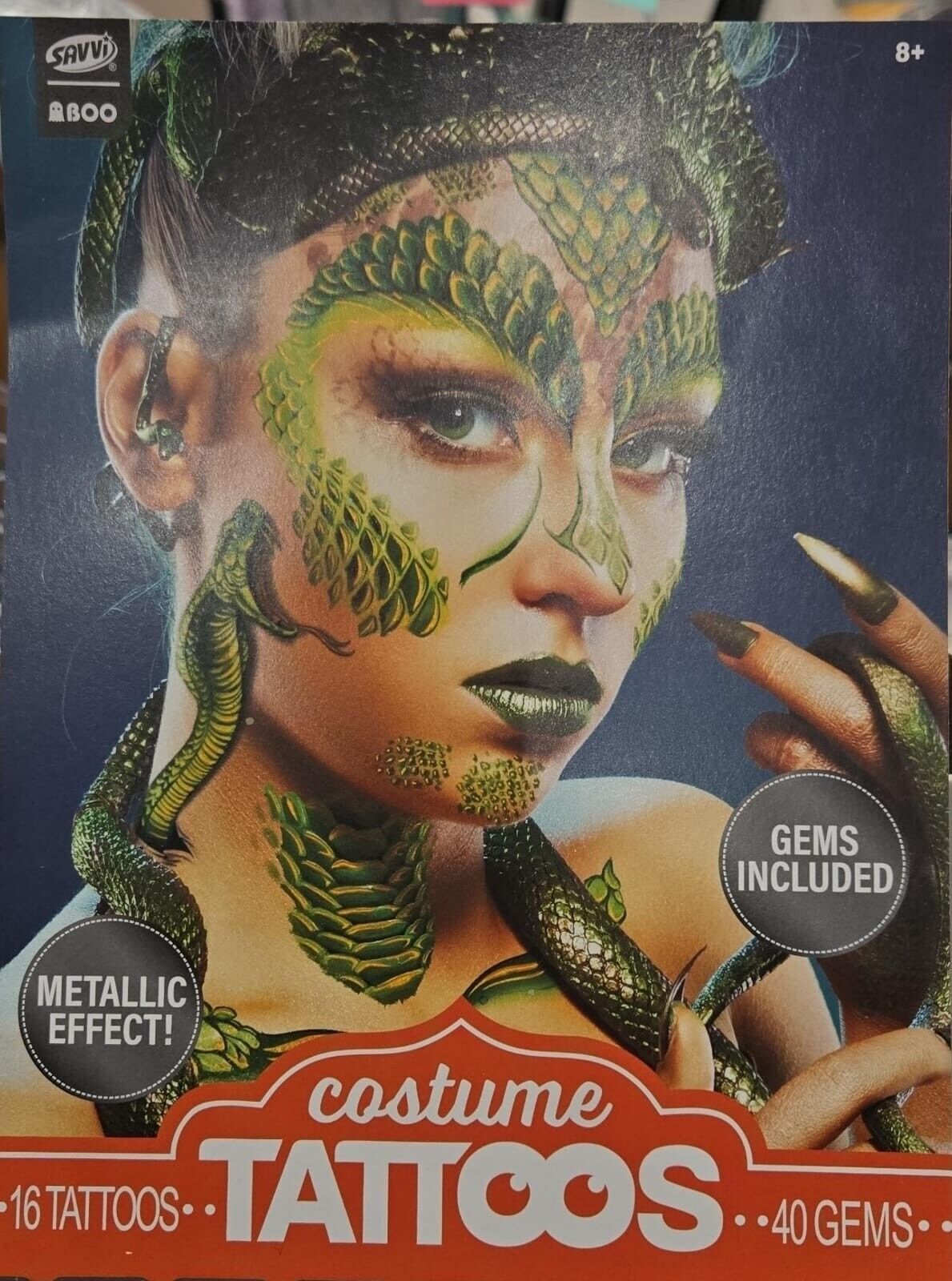 Metallic Glam snake/cobra Costume Face Tattoos With Gems. 2 sheets, 16 tattoos,