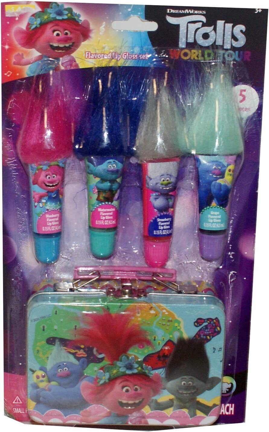 Trolls World Tour Flavored Lip Gloss Set - (4) Four Flavors + Plus carry case