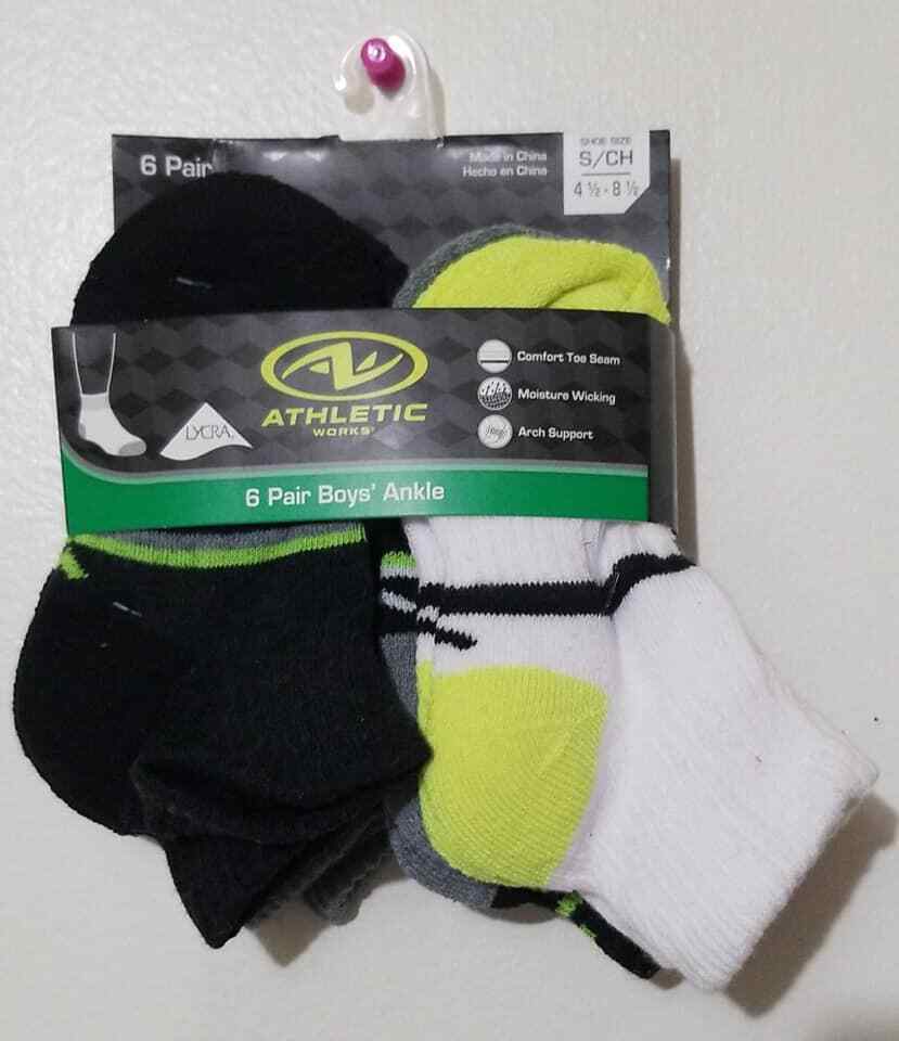 Athletic Work 6 Pair Boys Ankle Sock Size S/CH 4 1/2-8 1/2