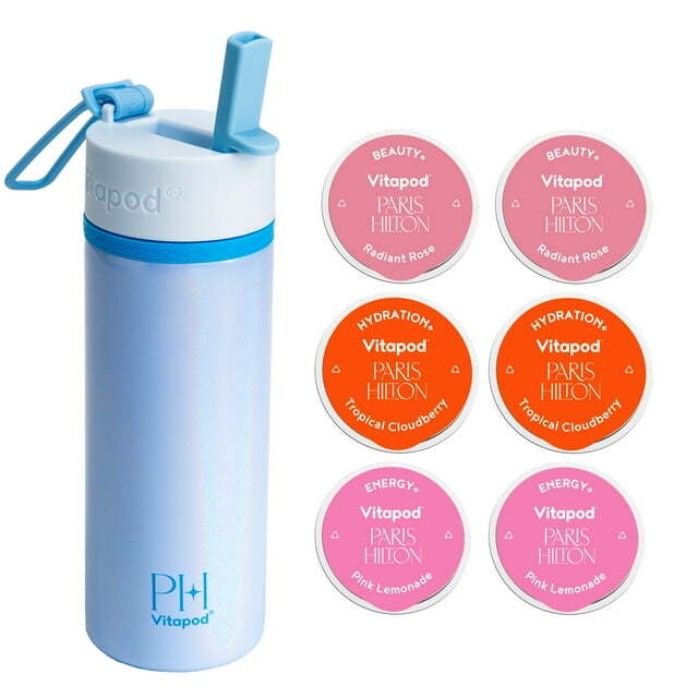 Paris Hilton x Vitapod Poolside Water Bottle & 6 Drink Mix Pods Blue 22oz