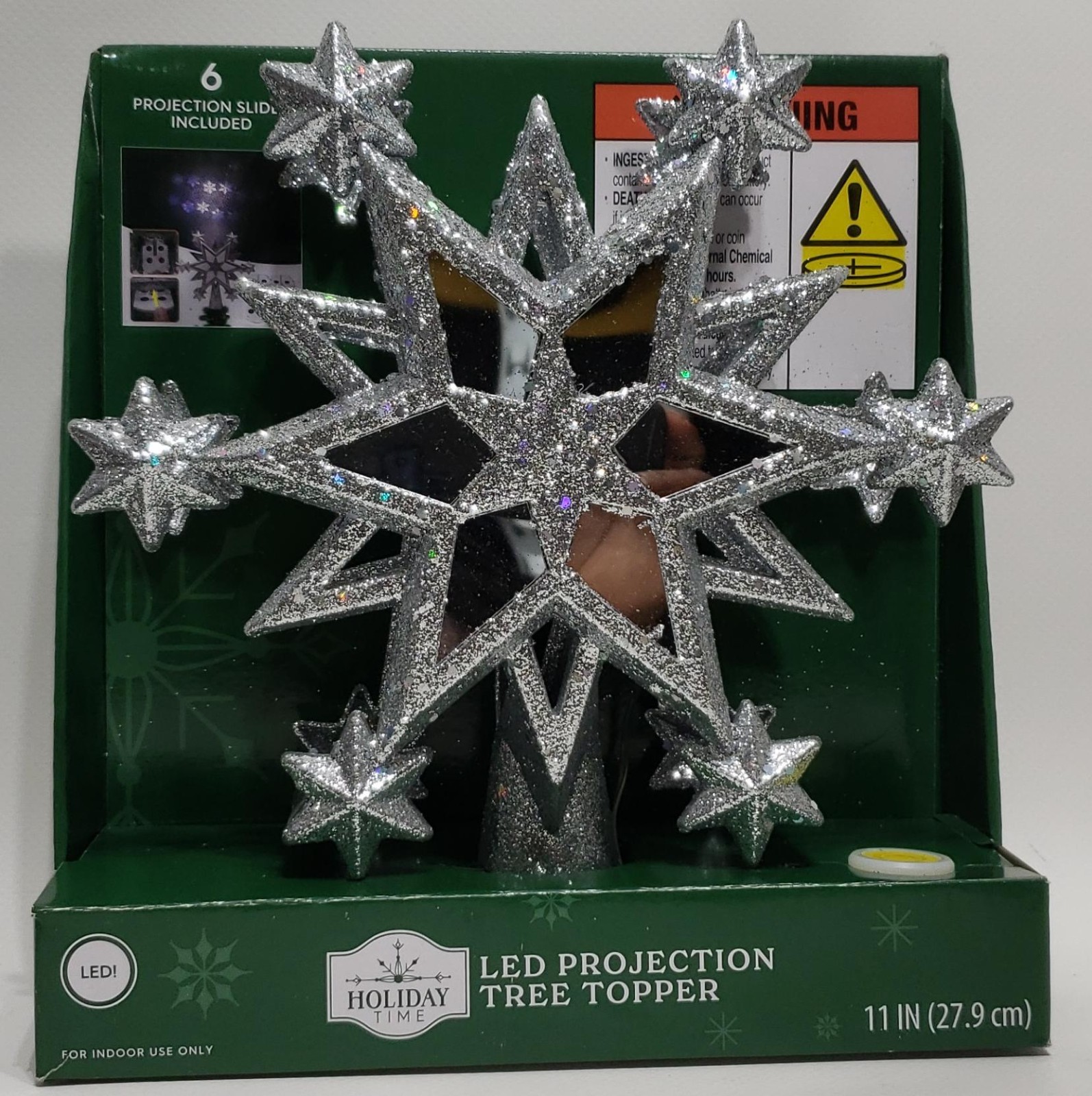 Holiday Time LED Glitter Six Projection Star Tree Topper Silver 11-inch